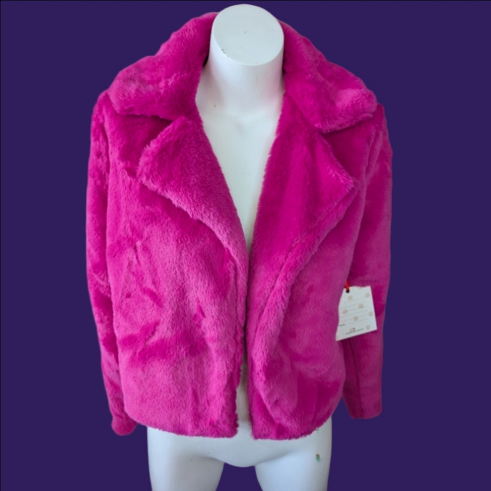 Coat Faux Fur Hot Pink Cropped Open Front Jacket Size S NWT